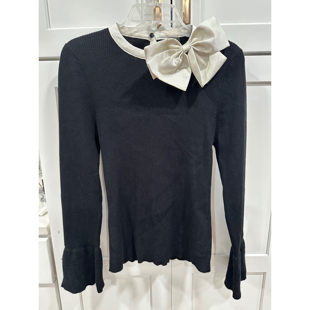 Cache Womens Ribbed Knit Bow Sweater Black White Long Sleeve Bell Cuff Small